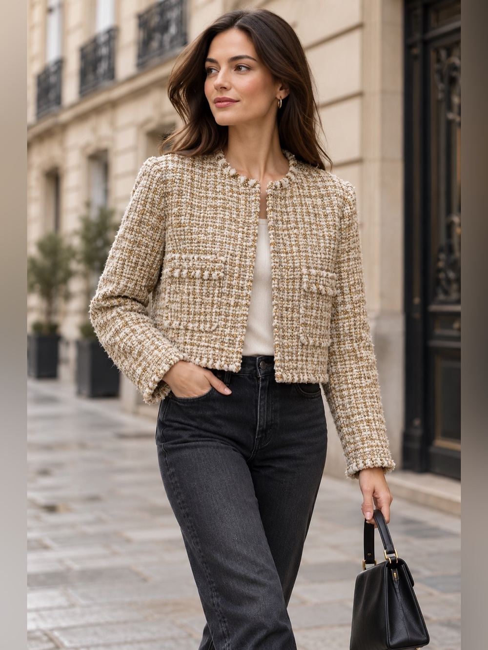 NWT IRO Paris Corali Metallic Tweed Cropped Jacket Ecru Gold FR 44